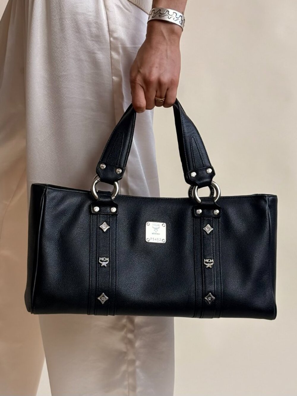 MCM Black Leather Top Handle Bag - Silver Studs, Structured Silhouette